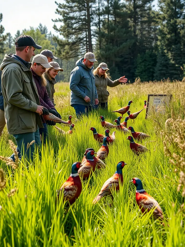 A photograph depicting a group of ACCA members participating in a pheasant release program in a rural field, showcasing their commitment to wildlife conservation.