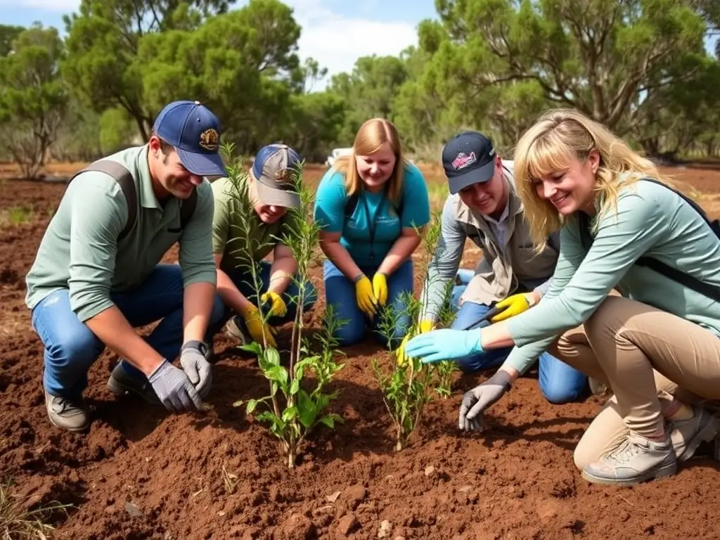 A group of volunteers planting trees in a forest, symbolizing community involvement in conservation efforts.