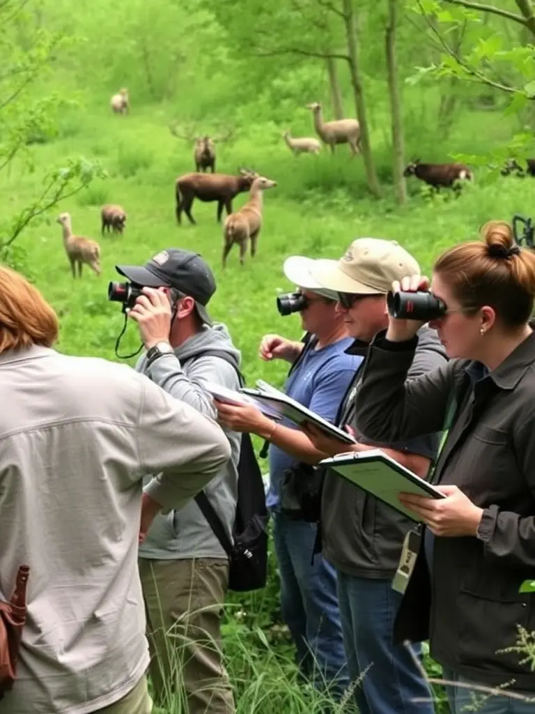 A photograph showing ACCA members conducting a wildlife census in a forest, emphasizing their role in monitoring and managing local animal populations.