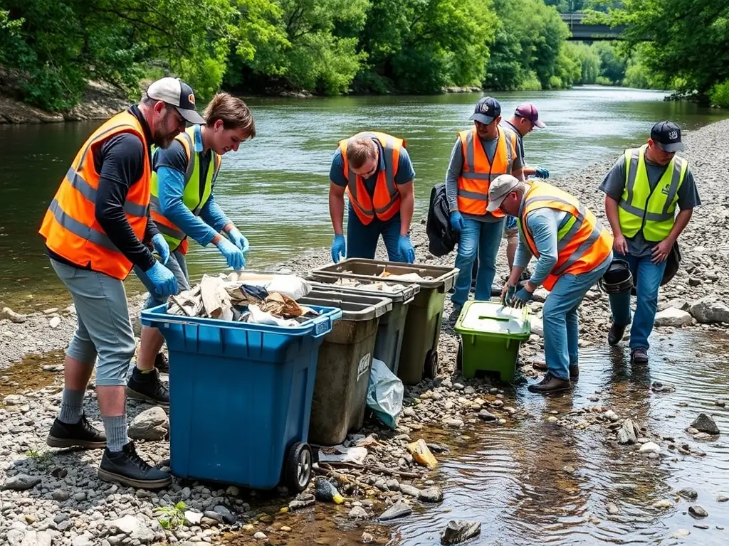 A photograph capturing ACCA volunteers cleaning up a local riverbank, removing litter and debris to improve the habitat for aquatic wildlife.