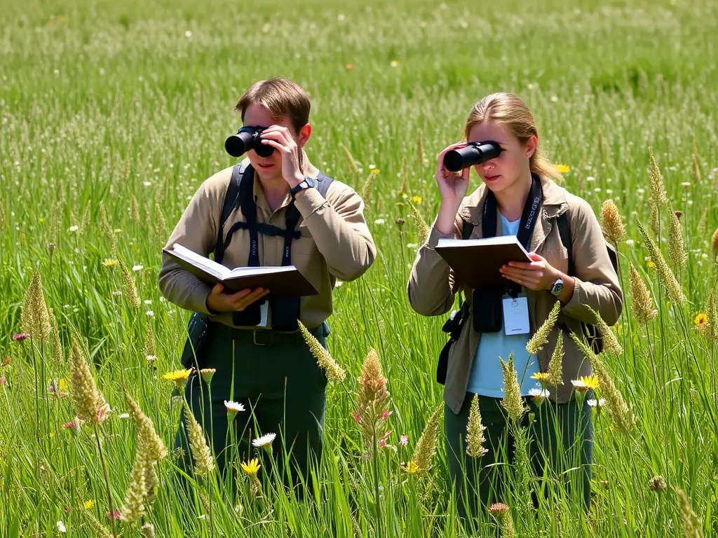A photograph depicting a group of ACCA members participating in a wildlife census in a local forest, using binoculars and notebooks to record their observations.